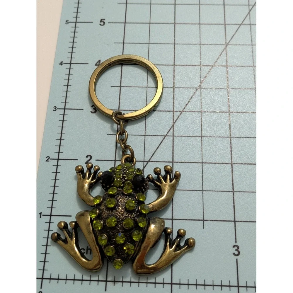 Frog Rhinestone Handbag Charm Keychain Chunky Statement Green & Gold Tone